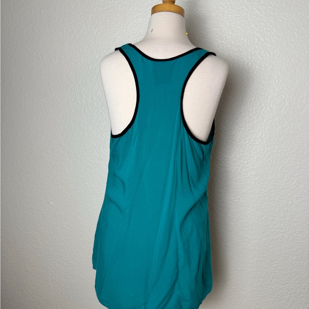Racer back cami bow front black trim bias flowy rayon Womens Sz Small Teal - Picture 2 of 3